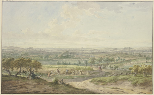 Wide landscape with the corn harvest, 18th century; 17th century. Creator: Jacobus Buys.
