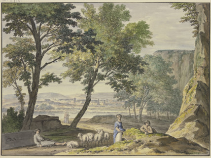 Stylish landscape with shepherds, a town in the distance, 18th century. Creator: Jan van Huysum.