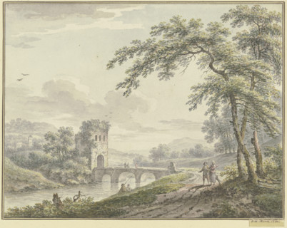 Landscape with a bridge and tower; to the right, under a tree, a couple with a dog, 1760. Creator: Johann Heinrich Muntz.
