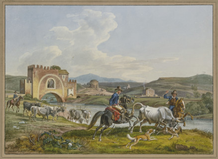 Roman Campagnoli on horseback capture a bull with dogs, 1829. Creator: Johann Adam Klein.