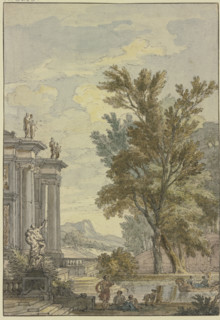 Park view, a building with columns and statues on the left, a basin with a gondola..., 17th century. Creator: Isaac de Moucheron.