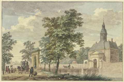 City gate with turrets in summer, a long bridge leads across the canal to an avenue..., 18th century Creator: Hermanus Numan.