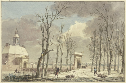 City gate with turrets in winter, a long bridge leads across the canal to an avenue, 18th century. Creator: Hermanus Numan.