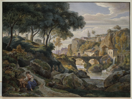 Italian mountain landscape with a stone bridge, 1827. Creator: Ernst Fries.