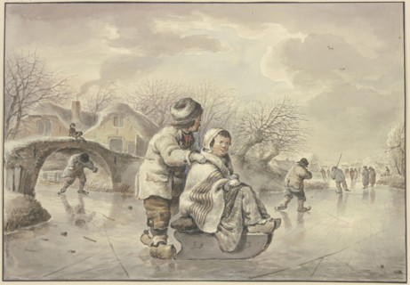 Winter landscape with skaters, 18th century. Creator: Jacob van Strij.