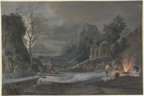 Winter landscape in moonlight, on the right farmers tend a large fire, 1777. Creator: Bernhard Heinrich Thier.