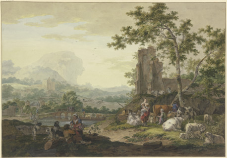 Landscape, a ruin on the right, a group of cattle with shepherds, a woman milking a cow..., 1777. Creator: Bernhard Heinrich Thier.