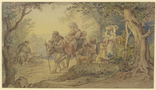 Train of Italian peasants, a woman with two children riding on a donkey..., 19th century. Creator: Ludwig Richter.