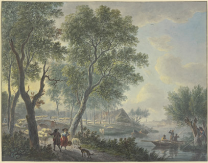 On the left, a shepherd meets a milkmaid; on the right, three fishermen in a boat.., 19th century. Creator: Abraham Teerlink.
