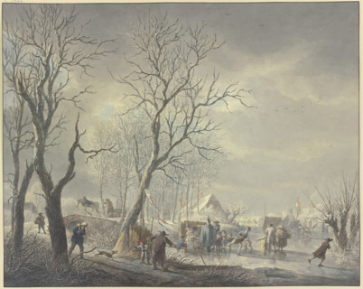 Winter landscape, skaters near tents on the canal, a hussar embraces a girl holding...19th century. Creator: Abraham Teerlink.