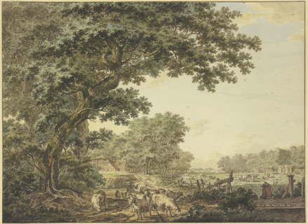Meadow between the forest with many cattle, in the foreground a shepherd with his flock...18th cent. Creator: Jacob Cats.