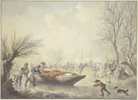 Winter landscape, on the ice three men push a boat towards the shore, on the right..., 19th century. Creator: Abraham Teerlink.