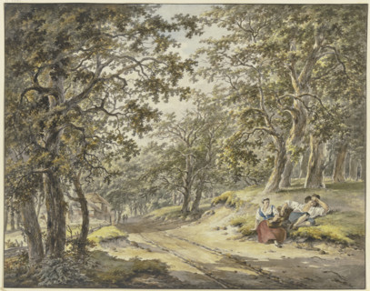 Path through the forest past a farmstead, a farmer and his wife resting..., 18th century. Creator: Hermanus van Brussel.