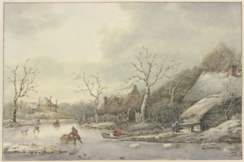 Winter landscape with skaters on a canal, 18th century. Creator: Jan Hulswit.