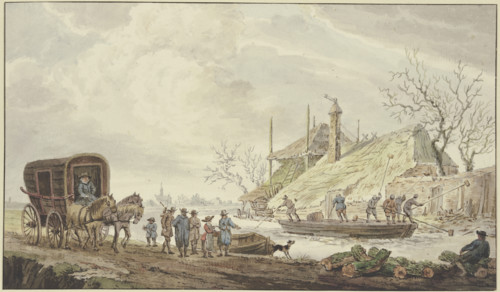 Winter landscape, at a farm boatmen are cutting the ice, a carriage on the left, 18th century. Creator: Johannes Hermanus van Loon.