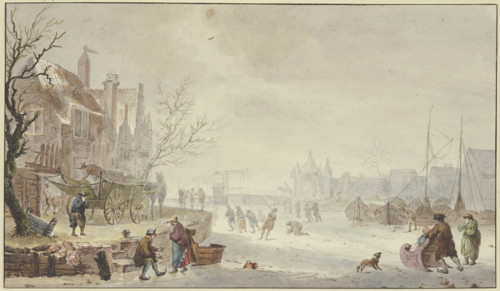 Winter landscape, on the river ice skaters, on the left a wagon at the quay, 18th century. Creator: Johannes Hermanus van Loon.
