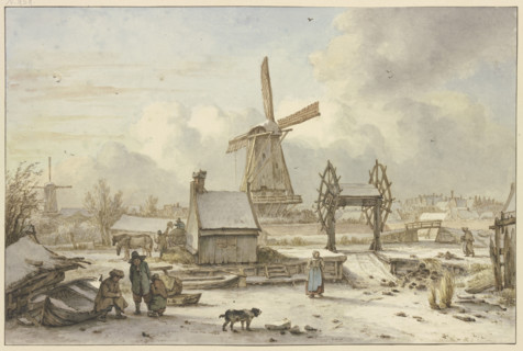 Winter landscape with a ship lift and windmill, 18th century. Creator: Jan Hulswit.