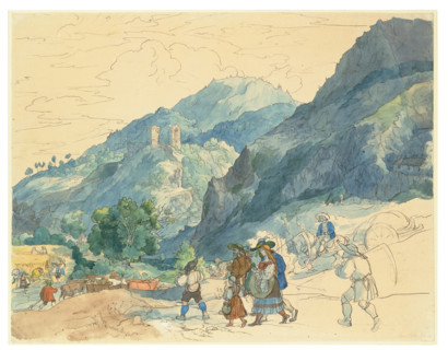 Landscape near Innsbruck with the Ruins at Fragenstein and Country People Return..., (c1816-1817?). Creator: Carl Philipp Fohr.