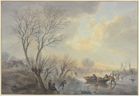 Winter landscape, on the ice three men push a boat towards the shore, two dogs..., 19th century. Creator: Abraham Teerlink.