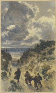 Sunken way on the lake shore with four men, 1852. Creator: Friedrick Karl Hausmann.