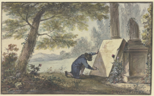 Landscape painter painting under a tree near two column fragments, 1797. Creator: Georg Karl Urlaub.