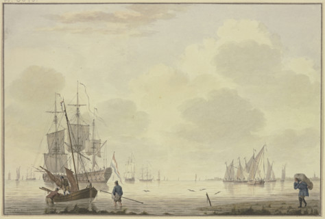 Marine, on the right a man carrying a sack, 18th century. Creator: Cornelis de Grient.