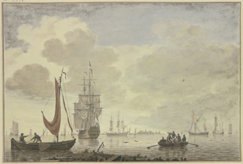 Marine, on the right a rowboat with five figures, 18th century. Creator: Cornelis de Grient.