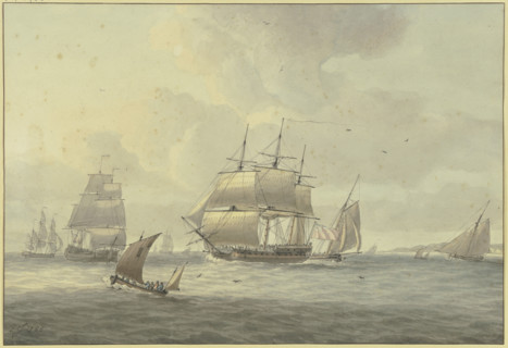 Slightly choppy sea, among many ships a three-masted ship with full sails to the left..., 1788. Creator: Dominic Serres.