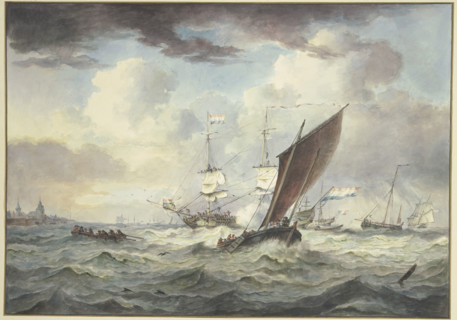 Rough sea with many ships, a large ship is loading a cannon, in front of it a boat...18th century. Creator: Leendert de Koningh.
