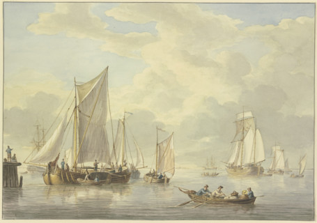 Calm sea with many ships, in the foreground a boat with three rowers and a woman, 19th century. Creator: Martinus Schouman.