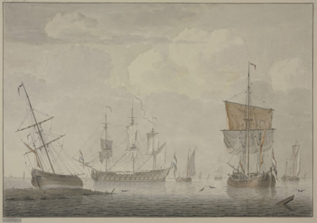 Calm sea with many ships, on the left a ship lies on the beach, 1769. Creator: Cornelis de Grient.