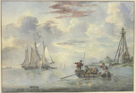 Calm sea, the sun rises, in the foreground a boat with several people heads towards..., 18th century Creator: Leendert de Koningh.
