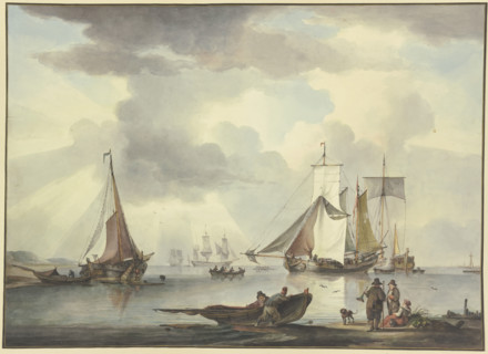 Many ships, on the right on the beach a woman and two men, one of whom holds..., 18th century. Creator: Leendert de Koningh.