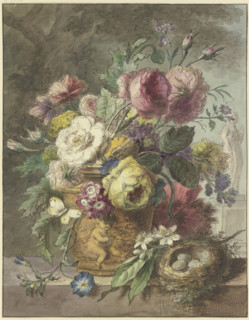 Still Life with Bouquet of Flowers and Bird’s Nest before a Park Landscape, 1802. Creator: Willem van Leen.