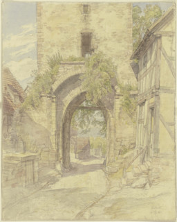 Gateway in Waldeck with a view of a road leading downhill, 1880. Creator: Peter Becker.