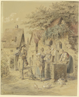 Maids and a journeyman at the well, 1887. Creator: Bertha Bagge.