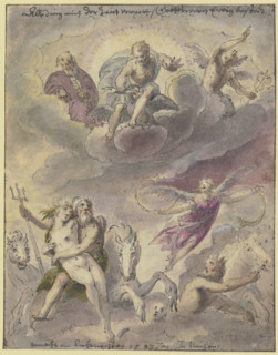 Neptune and Amphitrite with sea gods, horses, and the flying Fama; Jupiter, Mercury..., 1593. Creator: Georg Beham.