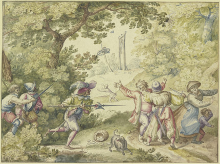 Four soldiers attacking peasants going to market, a wheel and gallows..., 16th-17th century. Creators: Jacob Savery I, Jacob Savery II.