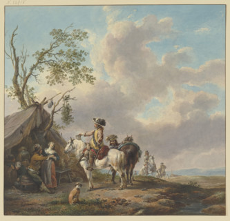 Riders halt in front of a sutler's tent, one holds a jug, a soldier caresses the sutler's wife. Creator: Unknown.