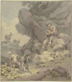 Scottish shepherd sitting with his flock of goats in front of a rock face, playing..., 18th century. Creator: Franz Joseph Manskirsch.