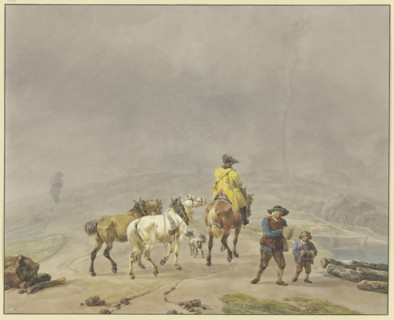 Mounted postilion with two lead horses in a winter landscape, 18th century. Creator: Wilhelm von Kobell.