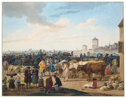 Cattle market on the outskirts of a town, c1802. Creator: Wilhelm von Kobell.