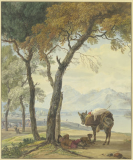 Sleeping donkey driver under a tree by a lake, 18th century. Creator: Wilhelm von Kobell.