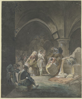 Soldiers and sutlers in a vaulted room with barrels and crates, 18th century. Creator: Gottlieb Welte.