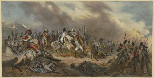 Napoleon with his Riding a horse across a battlefield, 1829. Creator: Unknown.