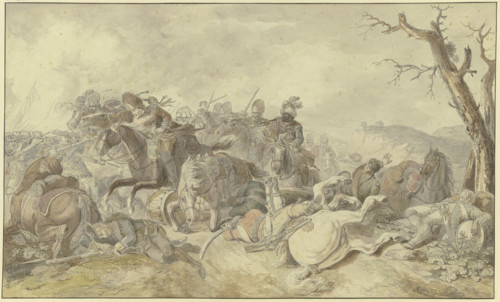 Cavalry charge against infantry, a dying drummer on the right, late 18th century. Creator: Georg Friedrich Hoch.
