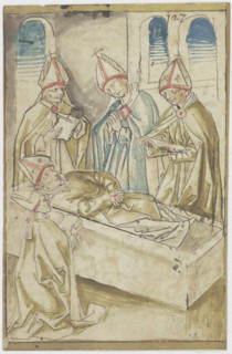 Four clergymen praying around a coffin (The Death of Saint Ulrich), 15th century. Creator: German, 15th century;.
