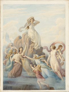 Female figures around a rock, Schiller's "Berglied", 1881.  Creator: Leopold Bode.