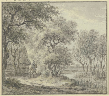 Woodland scene with water and a house, including a rider, 18th century. Creator: Jan Evert Grave.