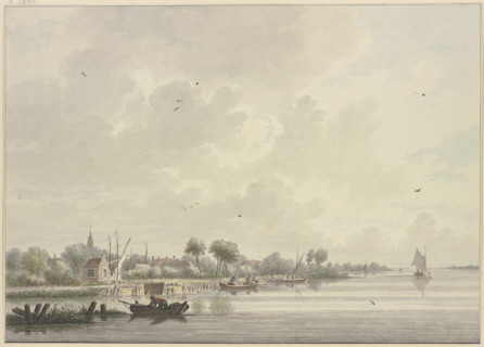Dutch village on a wide river bustling with several boats, a bird flies on the water...18th century. Creator: Nicolaas Wicart.